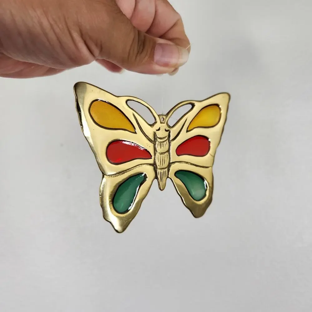 Vintage Brass & Glass Butterfly Suncatcher Hanging Decor Collectible